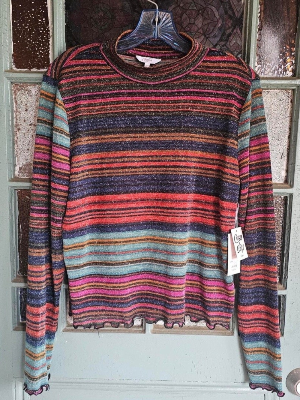 Candie's Striped Glitter Top in Multi-Color Metallic Thread